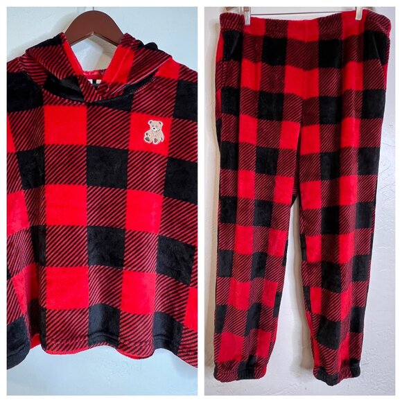 Joyspun Women's Plush Hoodie and Joggers Pajama Set 2-Piece XL Fleece Red/Black - Picture 2 of 16